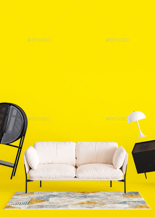 Modern furniture on yellow background with copy space. Furniture store